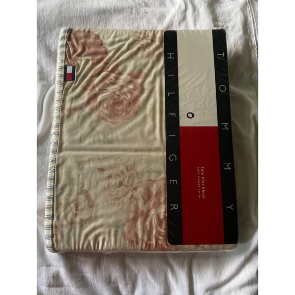 90s Tommy Hilfiger Twin Flat Sheet 100% Combed Cotton Floral Maiden Lane Blue - Picture 1 of 11